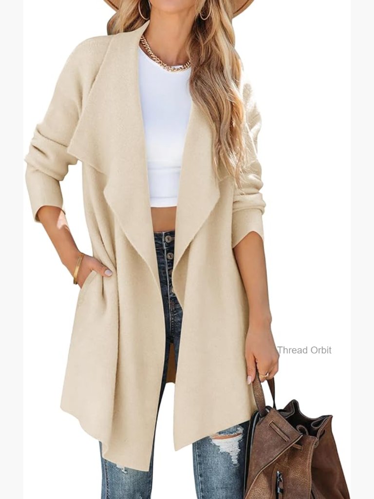 Soft Knitted Cardigan With Lapel Collar And Pockets, Long Sleeve Open Front